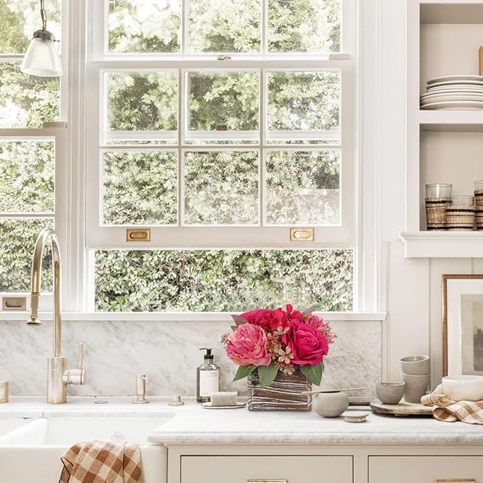 Flower Arrangement with Wooden Vase 8" Artificial Flowers in Pot - Fake Flowers Roses Peonies Hydrangeas in Wooden Vase Potted Artificial Flower Centerpieces for Table Decor Living Room - Hot Pink