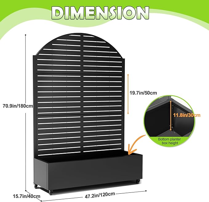 15.7"×70.9"×47.2" Metal Raised Garden Bed with Trellis and Wheels - Tall Trellis Planter Box for Climbing Plants, Vegetables & Vines - Outdoor Privacy Planters for Patio (Black-Louvered)