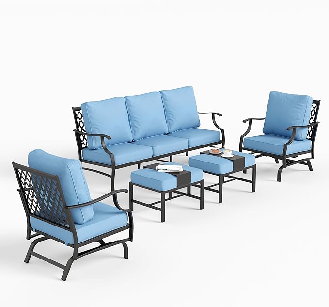 7 Piece Metal Outdoor Patio Furniture Set, Patio Conversation Sets 3-seater Sofa, 2 Rocking Chair, 2 Ottomans with 5.75" Thick Cushion, Black All-weather Frame Backyard Furniture, Blue