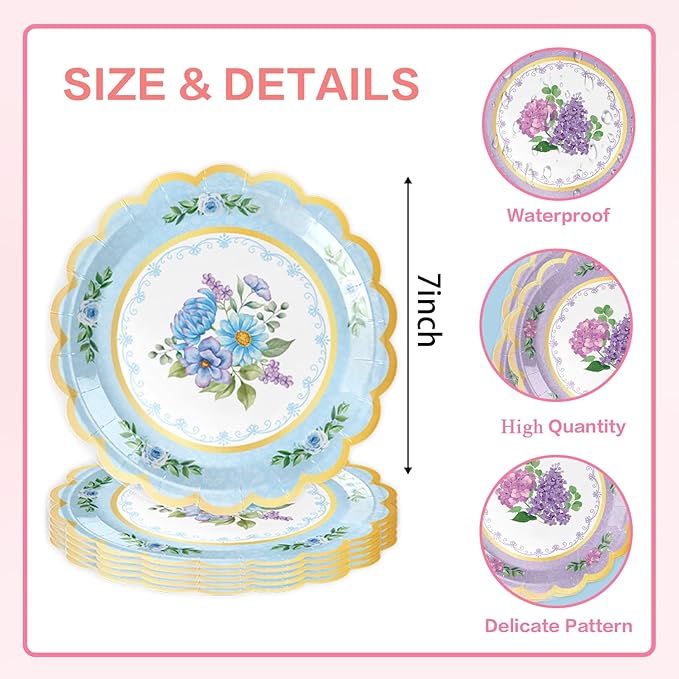 48Pcs Floral Paper Plates, 7 Inch Flower Party Plates Floral Disposable Plates for Tea Party, Birthday Baby Shower Garden Wedding Afternoon Decorations, 6 Styles (48, 7 inch)
