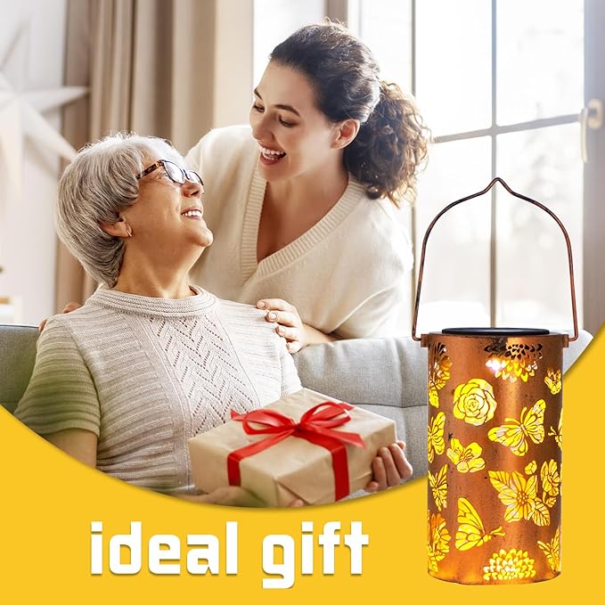 4 Pack Solar Lanterns Outdoor Waterproof Butterfly Birthday Gifts for Women Mom Grandma Garden Decor Flower Metal Hanging LED Decorative Light for Patio Yard Lawn Backyard Front Porch Gardening Gifts