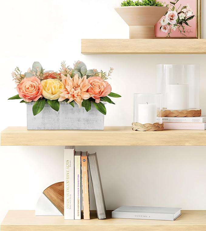 DILATATA Flower Arrangement with Wooden Vase 10" Artificial Flowers in Pot - Fake Flowers in White Rectangular Wooden Vase Potted Faux Flower Centerpieces for Table Decor Living Room - Orange