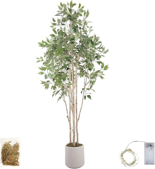 Artificial Fake Ficus Tree 8FT Tall 1Pack with String Lights & White Planter & Free Moss, Artificial Plants Indoor, Artificial Trees for Home Decor Indoor, Faux Ficus Tree