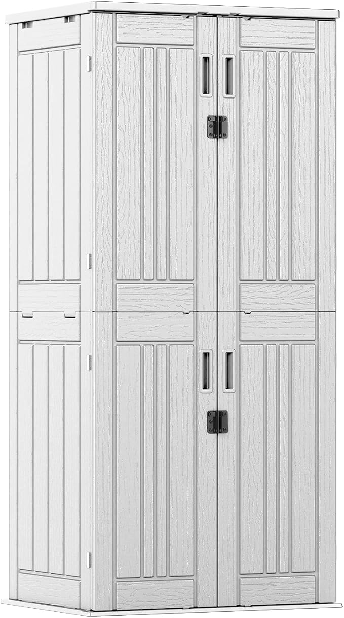 Outdoor Storage Cabinet with 4 Shelves,31.5" x 23.23" x 66.22" White Waterproof Shed,Waterproof Resin Vertical Tool Shed, Lockable 30 cu.ft. Storage Shed for Patio, Garden, Yard, White