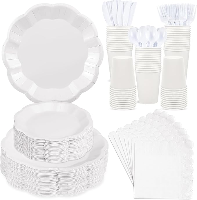 350 Pcs White Party Supplies Include Scalloped Plate Napkin Cup Forks Knives, Plastic Cutlery 50 Guest Disposable Parties Tableware Set for Wedding Baby Shower Bridal Shower Birthday Party