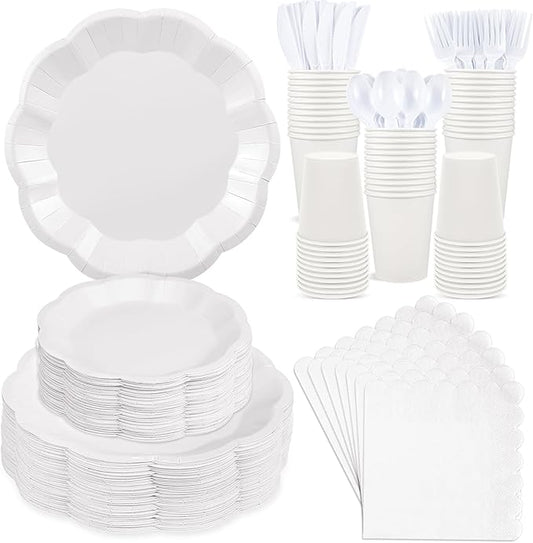 350 Pcs White Party Supplies Include Scalloped Plate Napkin Cup Forks Knives, Plastic Cutlery 50 Guest Disposable Parties Tableware Set for Wedding Baby Shower Bridal Shower Birthday Party