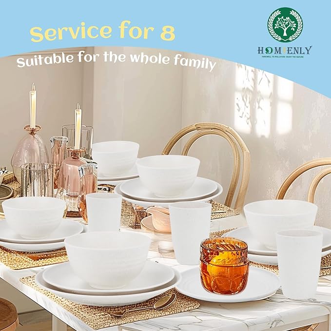 Homienly Wheat Straw Dinnerware Set,40-Piece Dish Set for 8, Dinner Plates, Dessert Plate, Cereal Bowls, Cups, Appetizer Plates,Reusable Dinner Plates Kids Plates and Bowls Sets, White