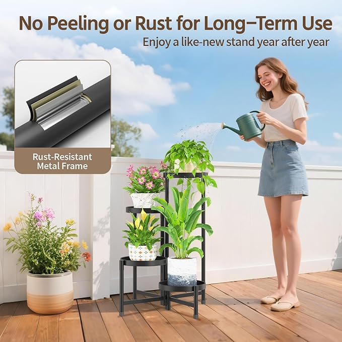 LASZOLA 4 Tiered Folding Plant Stand Indoor for Multiple Large Planter, Tall Heavy Duty Adjustable Rack with Rust Proof 10 Inch Wide Tray, Sturdy Vertical Tree Organizer for Narrow Inside Floor, Black