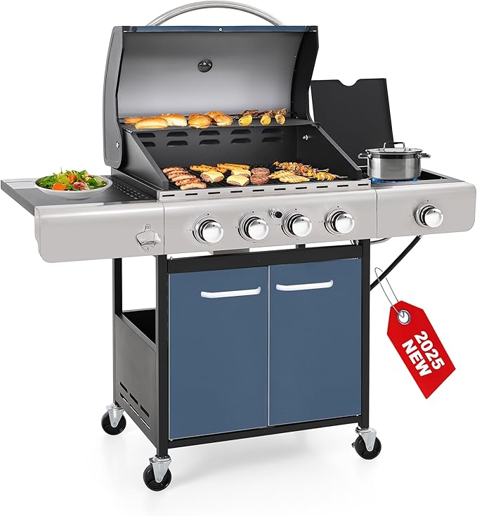 GREEN PARTY 4 Burner BBQ Propane Gas Grill with Side Burner & Porcelain-Enameled Cast Iron Grates, 545 SQIN Grilling Area 42,000 BTUs Barbecue Grill for Outdoor Cooking Garden Patio Backyard, Blue