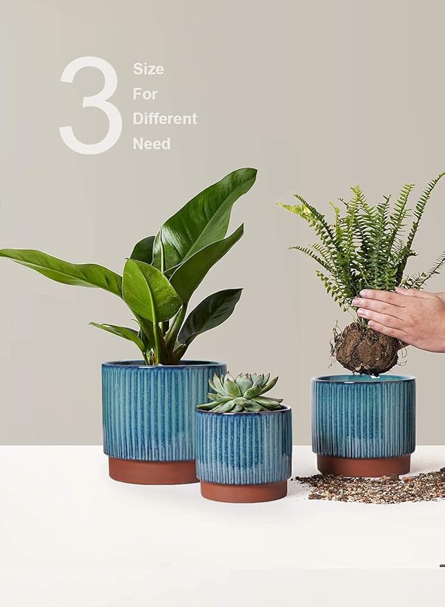 LE TAUCI Ceramic Plant Pots with Drainage Holes, Set of 3, 8+6.7+5.5 Inch Stripe Garden Planter Pots for Outdoor Indoor Plants Flower, Round Succulent Orchid Flower Pot, Reactive Glaze Green