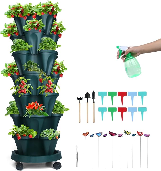 Vertical Planter, 7 Tier Stackable Strawberry Planter with Garden Tool Set, Movable Indoor/Outdoor Garden Herb Pot for Growing Vegetables and Succulents, Green