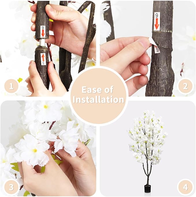 Faux White Cherry Blossom 6ft(72in) Artificial Floor Plant for Indoor Decor Natural Potted Tree with Texture Flowers and Realistic Wood Trunk for Home Living Room,Office Perfect Housewarming Gift