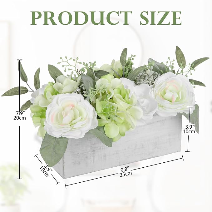 DILATATA Flower Arrangement with Wooden Vase 10" Artificial Flowers in Pot - Fake Flowers in White Rectangular Wooden Vase Potted Faux Flower Centerpieces for Table Decor Living Room - White
