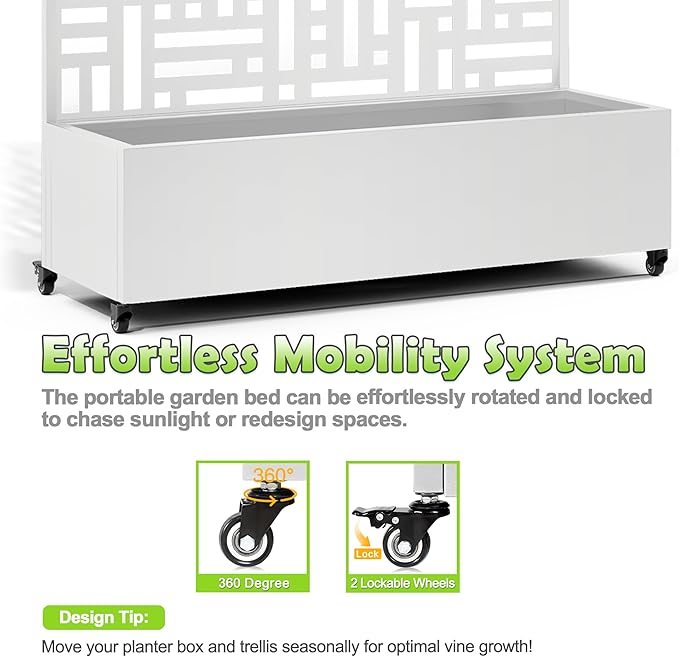 15.7"×70.9"×47.2" Metal Raised Garden Bed with Trellis and Wheels - Tall Trellis Planter Box for Climbing Plants, Vegetables & Vines - Outdoor Privacy Planters for Patio (White-Helen)