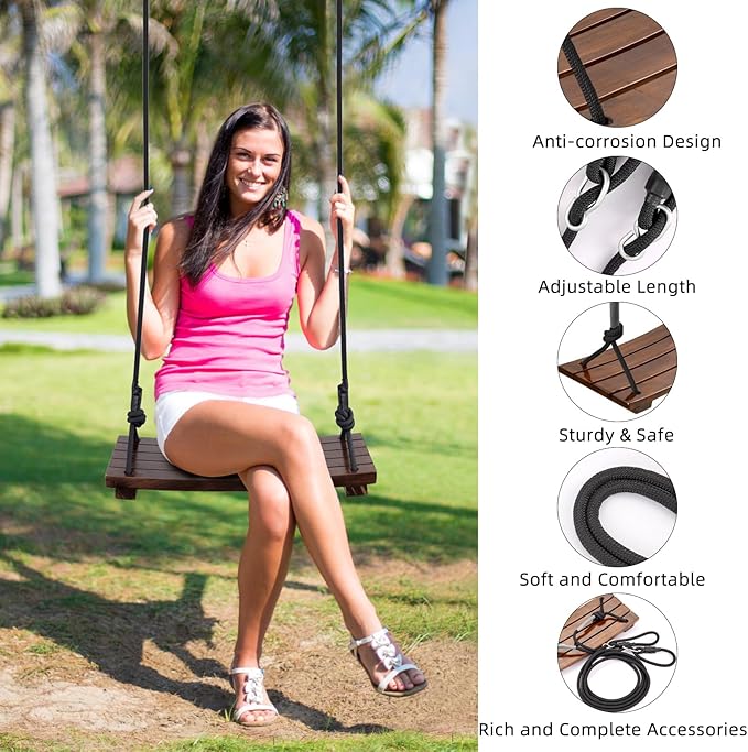 PELLOR Wood Swing Seat, Carbonized Hanging Wood Tree Swing 23.6 x9.8 x1.0 inch for Adult Kids Children Anticorrosive & 100% Waterproof Wooden Swing Set 550 lbs Load Indoor Outdoor Backyard Play