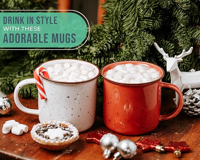 Speckled Campfire Style Mugs - Set of 6-14 oz - Cozy Colors - Coffee Cups - Camping Coffee Mugs - Ceramic - Enamel - Use for Tea/Hot Drinks
