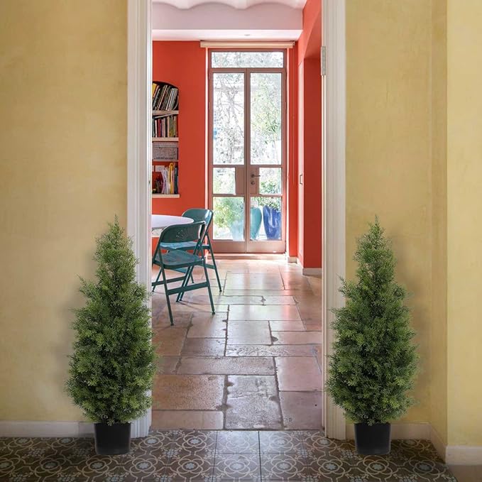 Aveyas 3ft Artificial Cedar Topiary Trees for Outdoor Front Porch Door, 3 Feet Faux Potted Plants Evergreen Fake Pine Cypress Tree for Outside Home Decor (3 ft Tall) - Set of 2 Pack
