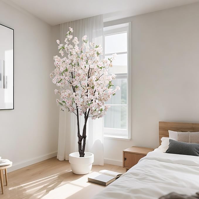 Artificial White Cherry Blossom Tree 5.7ft(68in) Faux Lifelike Plant for Indoor Decor Natural Potted Tree Realistic Pink Cherry Flowers Wood Trunk for Home Living Room,Office Perfect Weeding Gift