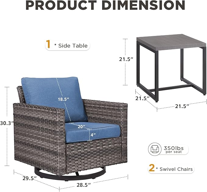Outdoor Swivel Rocker Patio Chairs-3 Pieces Wicker Swivel Patio Chairs Set of 2 with Matching Side Table, Thick Cushions High Back Outdoor Furniture Set for Deck Porch Balcony(Grey/Blue)
