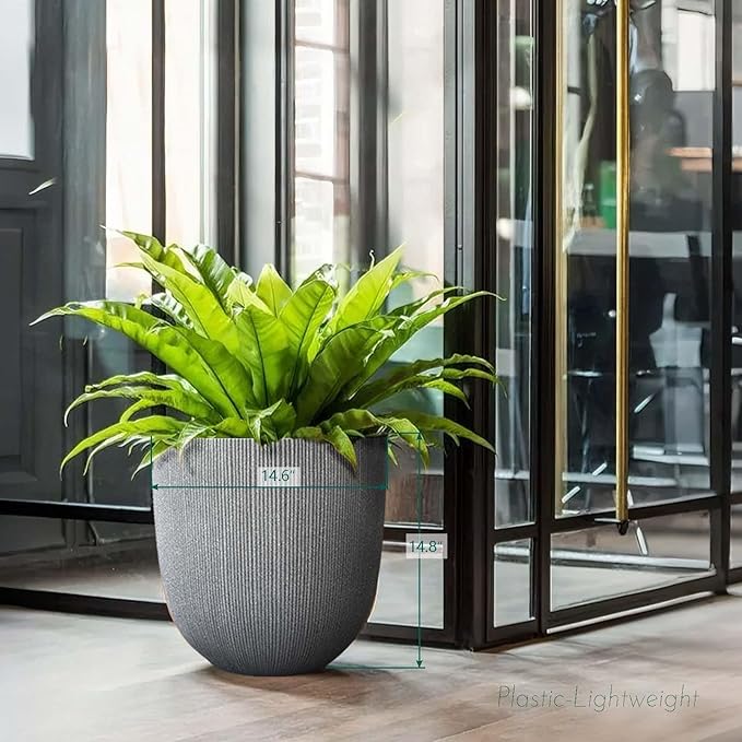 14.8" Tall Round Plastic Planter for Indoor Outdoor Plants, Large Indoor Outdoor Plant Pots with Drainage Hole and Plug, Flower Pots for Plants, Modern Decorative Planter Pots for Home Garden Patio
