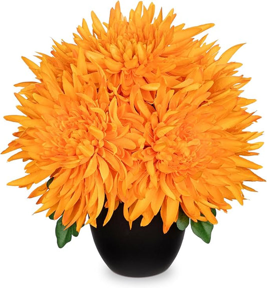 Hollyone Artificial Mums Flowers in Vase Faux Chrysanthemum Silk Flower Potted Plant Fake Plants & Flowers with Pot Floral Arrangements Bouquets Pincushion Spider Mum Flower Home Decor Orange