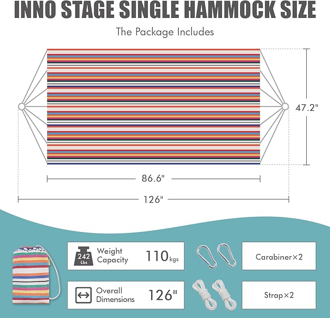 INNO STAGE Brazilian Hammock with Tree Straps - Cotton Hammocks Portable Hammock with Carry Bag for Backyard, Porch, Outdoor and Indoor Use Mixcolor