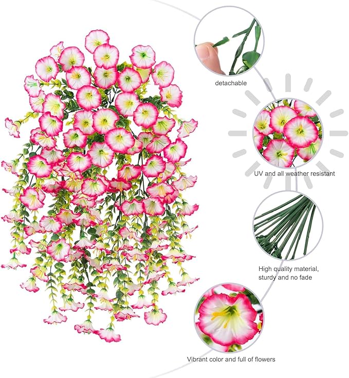 6-Pack Outdoor Faux Plants, 69-Flowered Large Morning Glory, Uv-Resistant Artificial Morning Glory,Perfect for Outdoor Decoration in All Seasons Such as Porches and Gardens (Light Pink)