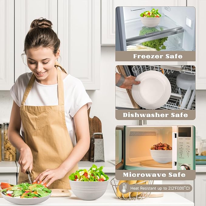 Kitchen Wheat Straw Dinnerware Sets (17pcs) Attached cleaning brush,Service For 4,Plastic Plates and Bowls Sets,Unbreakable Dinnerware,Lightweight Plastic Plate Set (off-white)