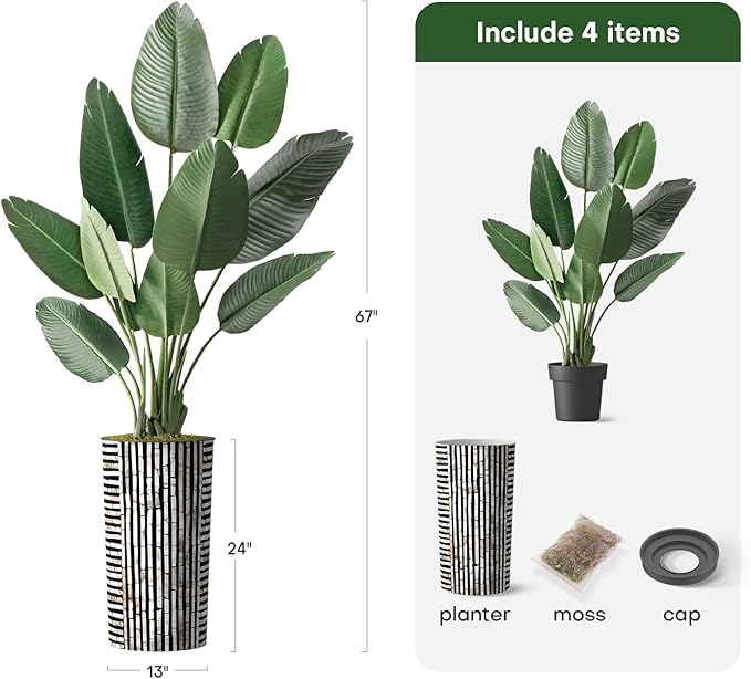 Artificial Tree in Black and Brown Striped Planter, Fake Bird of Paradise Silk Tree for Indoor and Outdoor Home Decoration - 67" Overall Tall (Plant Pot Plus Tree)