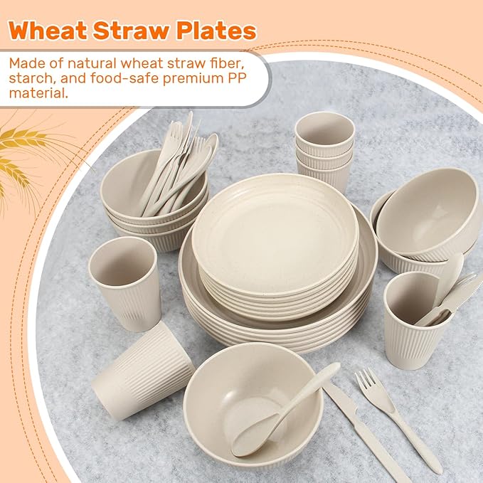 Wheat Straw Dinnerware Sets for 6 (42pcs), SGAOFIEE Unbreakable Dinnerware Set, Kitchen Plates and Bowls Set, Unbreakable Plastic Outdoor Camping Dishes, Dishwasher Microwave Safe, Beige White