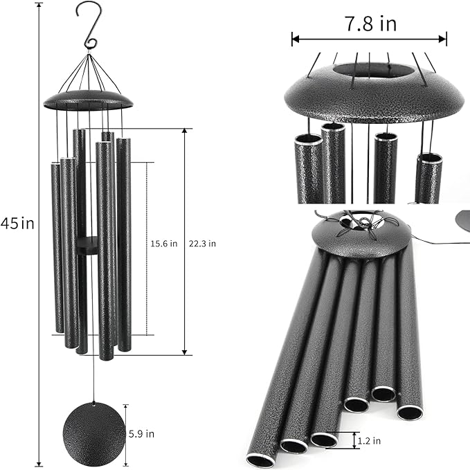 ASTARIN Wind Chimes Outdoor, 45-Inch Memorial Wind Chimes with 6 Heavy Tubes, Unique Outdoor Decor, Sympathy Gifts, Black Grey
