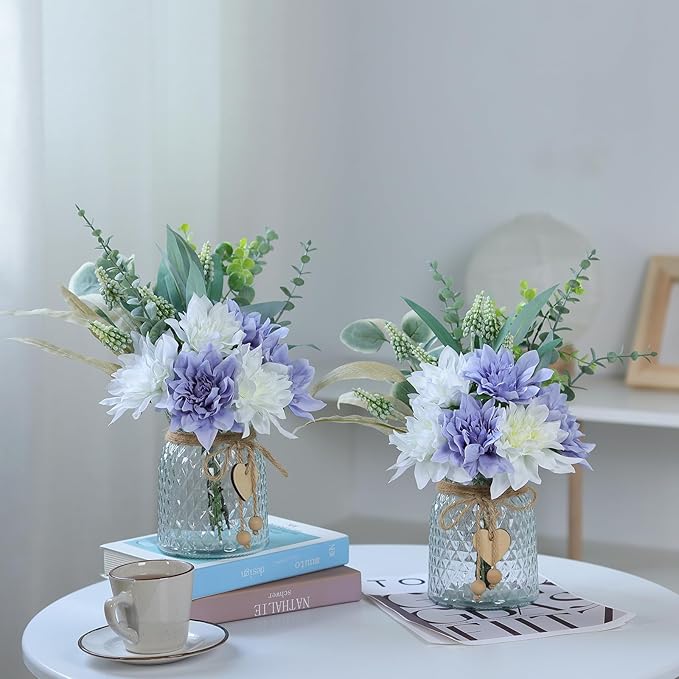 Faux Flowers with Vase,Artificial Silk Flowers in Vase, Fake Plant Eucalyptus and Willow,Flower Arrangement for Home Farmhouse kitchen Dining Table Centerpiece Decorations Table Decor (Dusty Purple)