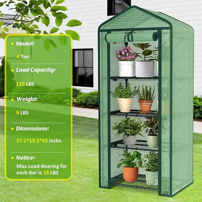 4-Tier Mini Greenhouse Indoor Outdoor with Shelves, Portable Small Green House for Plants with Durable PE Cover & Zipper Door for Seed Starting, Balcony, Patio Garden
