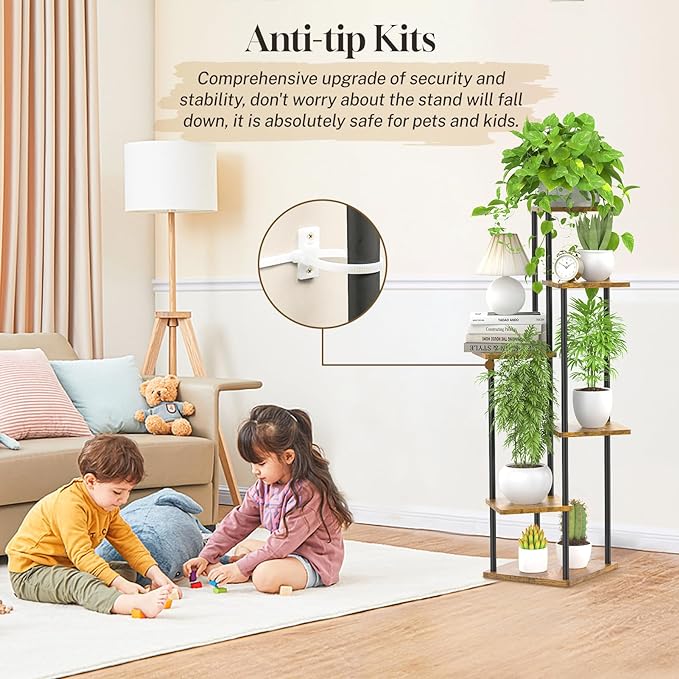 6 Tier Tall Plant Stand Indoor, Large Wood Metal Planter Shelf Holder for Narrow Corner, Sturdy Vertical Multiple Flower Orchid Pot Decorative Rack for House Living Room Bedroom Office, Rustic Black