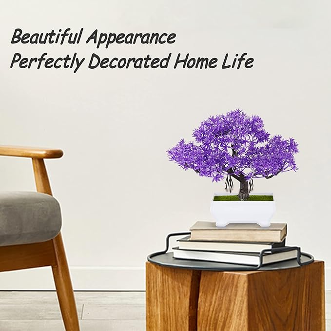 Mini Artificial Bonsai Tree Plants with Plastic Cement Pots for Home Office Décor (Purple)