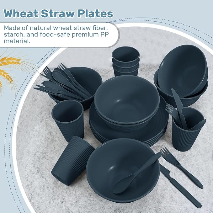 Wheat Straw Dinnerware Sets - SGAOFIEE 36 Piece Unbreakable Dinnerware Sets, Reusable Wheat Straw Plates and Bowls Sets, Travel Camping Cutlery Set, Dishwasher Microwave Safe Dinnerware-Blue