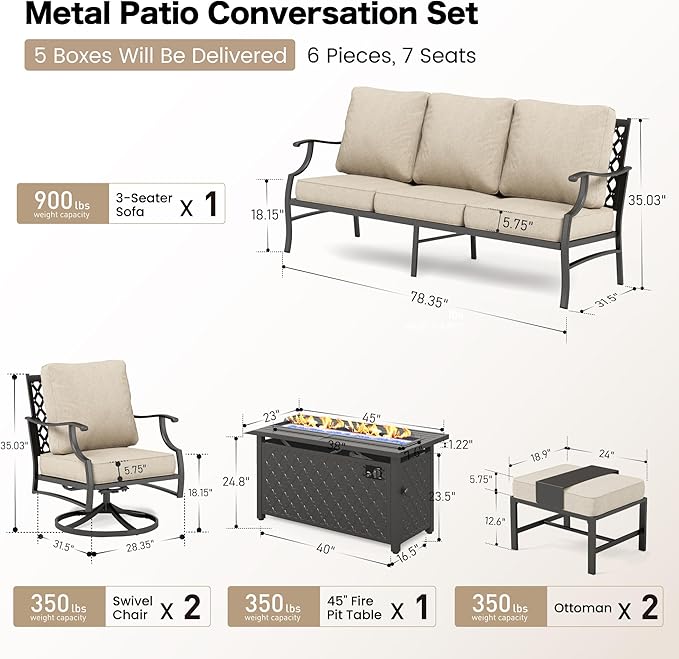 Patio Furniture Set with Firepit Table, Metal Outdoor Patio Furniture, 2 Swivel Chairs, 3 Seater Sofa, 2 Ottomans with 5.75" Extra Thick Cushion and Gas Firepit Table for Backyard Deck