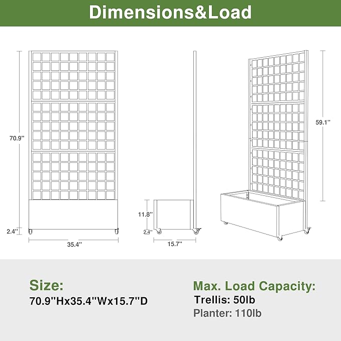 Casaphoria Metal Raised Garden Bed with Trellis and Wheels, 72"x35"x16" Planter Box for Climbing Plants, Vegetables & Vines, Features Drainage Holes and Privacy Screen (Gray-Square)