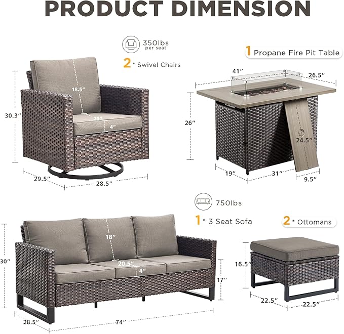 Patio Furniture Set with Fire Pit Table-6 Pieces All Weather Outdoor Swivel Chairs Set of 2 with Patio Sofa and Ottomans, Patio Conversation Sets for Porch Deck Garden Backyard(Brown/Grey)