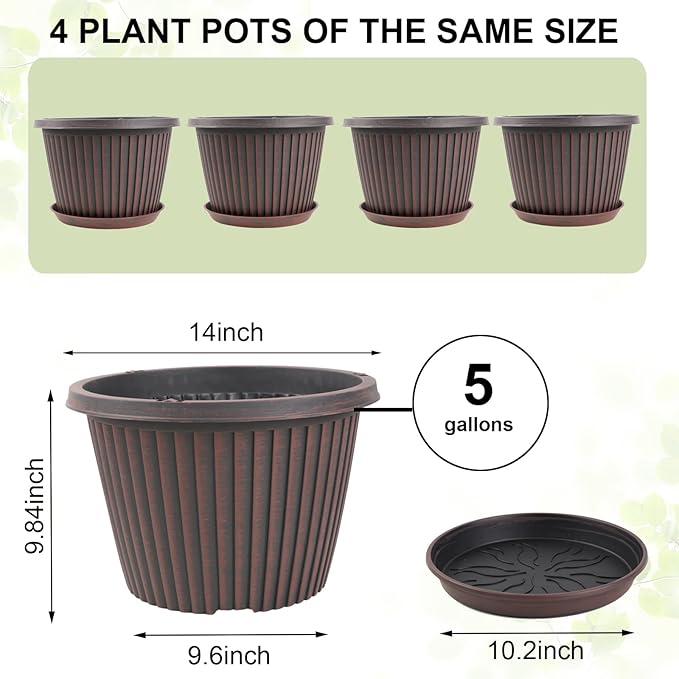 Large-Planter-Indoor-Outdoor Plant Pots, 14 inch 4 Pack Plastic Flower Pots with Saucer and Drainage Holes, Modern Garden Planters for Planting Medium Large Plants， Decorative Resin Garden Pots