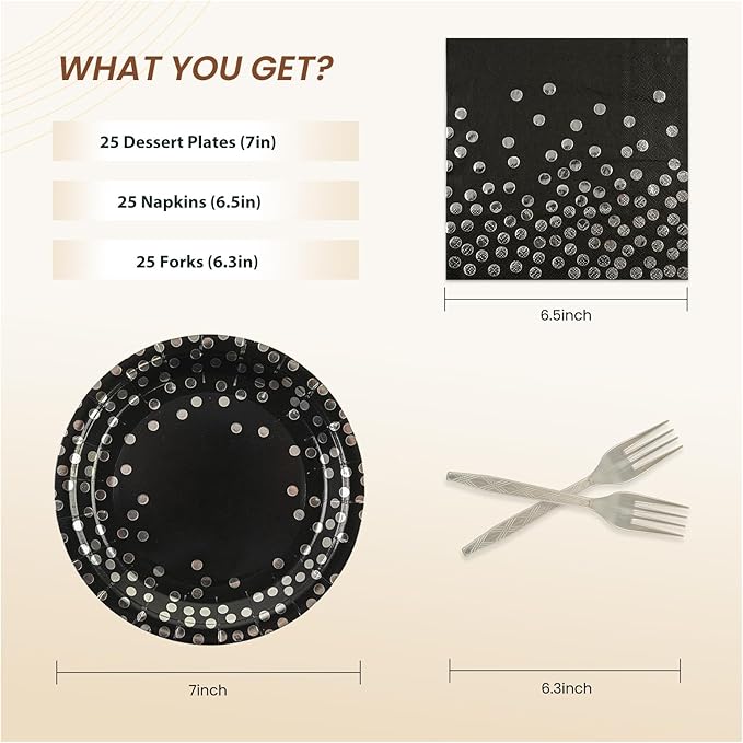 75PCS Paper Plates and Napkins Set - Black and Sliver Dot Disposable Party Dinnerware Includes Paper Plates, Napkins, Forks Decorations for Graduations, Birthdays and Weddings, Serves 25