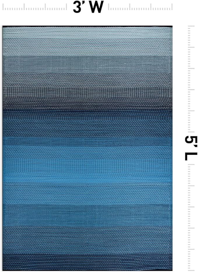Rugshop Stripe Shade Reversible Crease-Free Waterproof Premium Recycled Plastic Outdoor Rugs for Patio,Backyard,RV,Deck,Picnic,Trailer,Beach,Camping,Sunroom Sky/Blue 3' x 5'