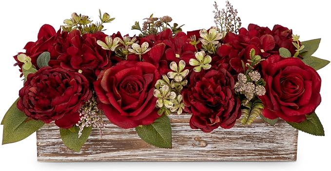 Flower Arrangement with Wooden Vase 14" Artificial Flowers in Pot - Fake Flowers Roses Peonies Hydrangeas in Wooden Vase Potted Artificial Flower Centerpieces for Table Decor Living Room - Red