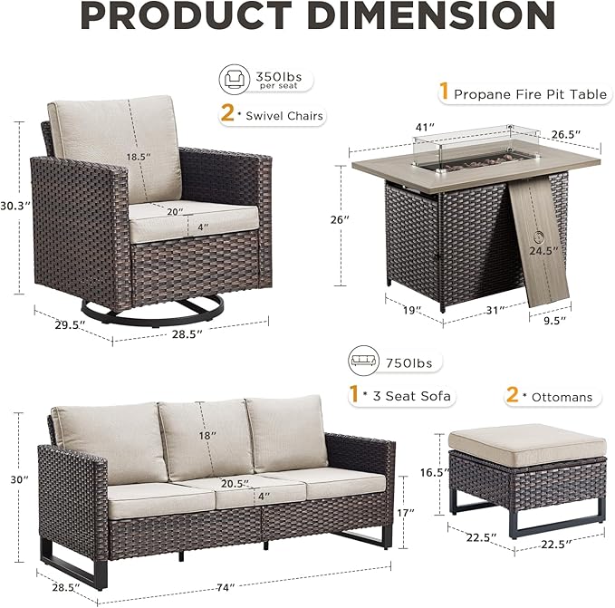 Patio Furniture Set with Fire Pit Table-6 Pieces All Weather Outdoor Swivel Chairs Set of 2 with Patio Sofa and Ottomans, Patio Conversation Sets for Porch Deck Garden Backyard(Brown/Beige)