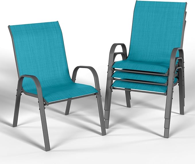 Patio Dining Chairs Set of 4, Stackable Dining Chairs High Back, Breathable Seat Fabric and Alloy Steel Frame Fit Backyard, Porch, Lawn，Poolside (Sky Blue)