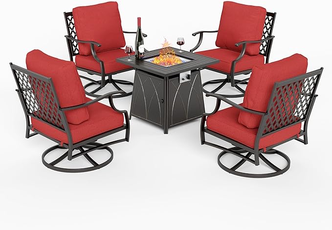 5 Piece Metal Outdoor Patio Furniture Set with Fire Pit Table, Patio Conversation Sets 4 Swivel Chairs with 5.75" Thick Cushion and 5000 BTU Fire Pit Table, Backyard Furniture, Red