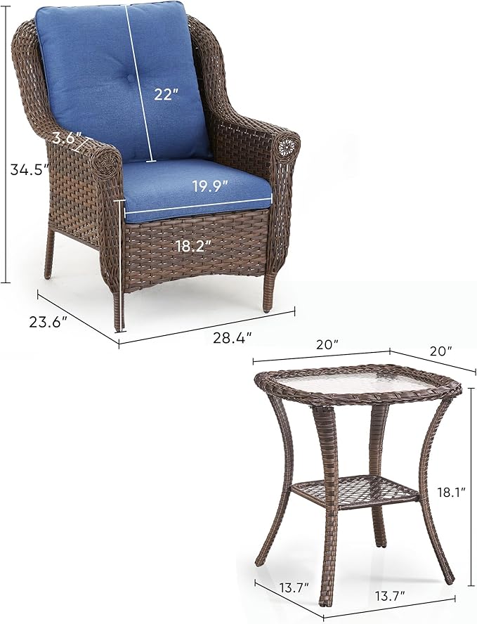 3 Piece Patio Brown Wicker Chairs with Side Table - Outdoor High Back Heavy Duty All-Weather Lawn Dining Rattan Chair Conversation Bistro Set for Deck Porch Balcony Backyard Garden - Navy Blue