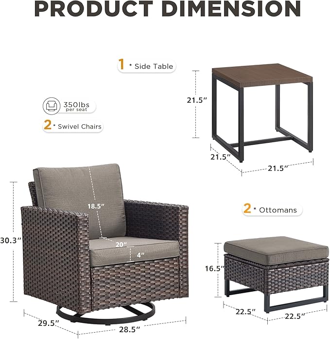 Patio Furniture Set with Swivel Chairs-5 Piece Outdoor Swivel Rocker Patio Chairs with Ottomans Rattan Side Table, Comfy Cushion Outdoor Furniture Set for Porch Deck Garden Backyard(Brown/Grey)