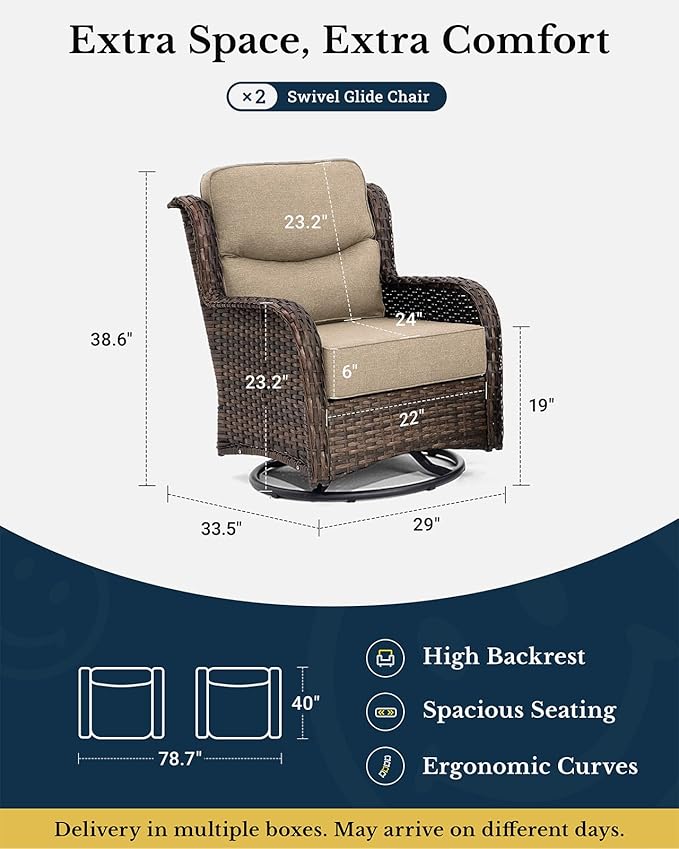 HILLGA Luxury Patio Furniture Set with 6-inch Thick Cushion, Outdoor High Back Swivel Rocker Patio Chairs, 2PCS Wicker Conversation Set for Deck Yard and Poolside, Beige (V2)