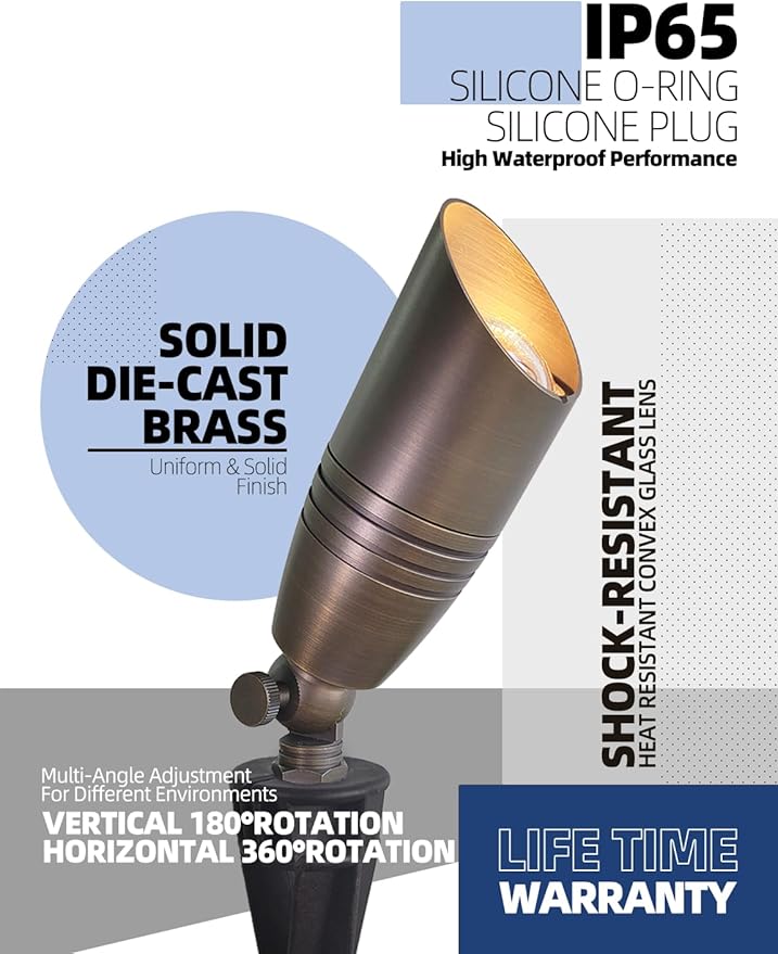 MALORY Brass Landscape Spotlights 6-Pack with Bulb Kit(S02), Low Voltage 12V AC/DC LED Outdoor Spot Uplights for House and Tree,PVC Ground Stake and Wire Connector Included, 5W 2700K Warm White